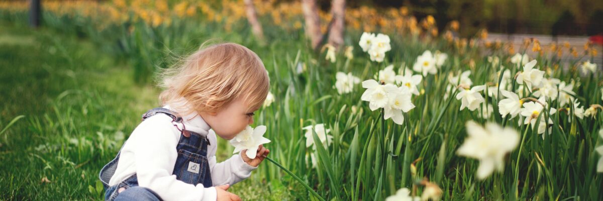 girl-sitting-on-grass-smelling-white-petaled-flower-1879288